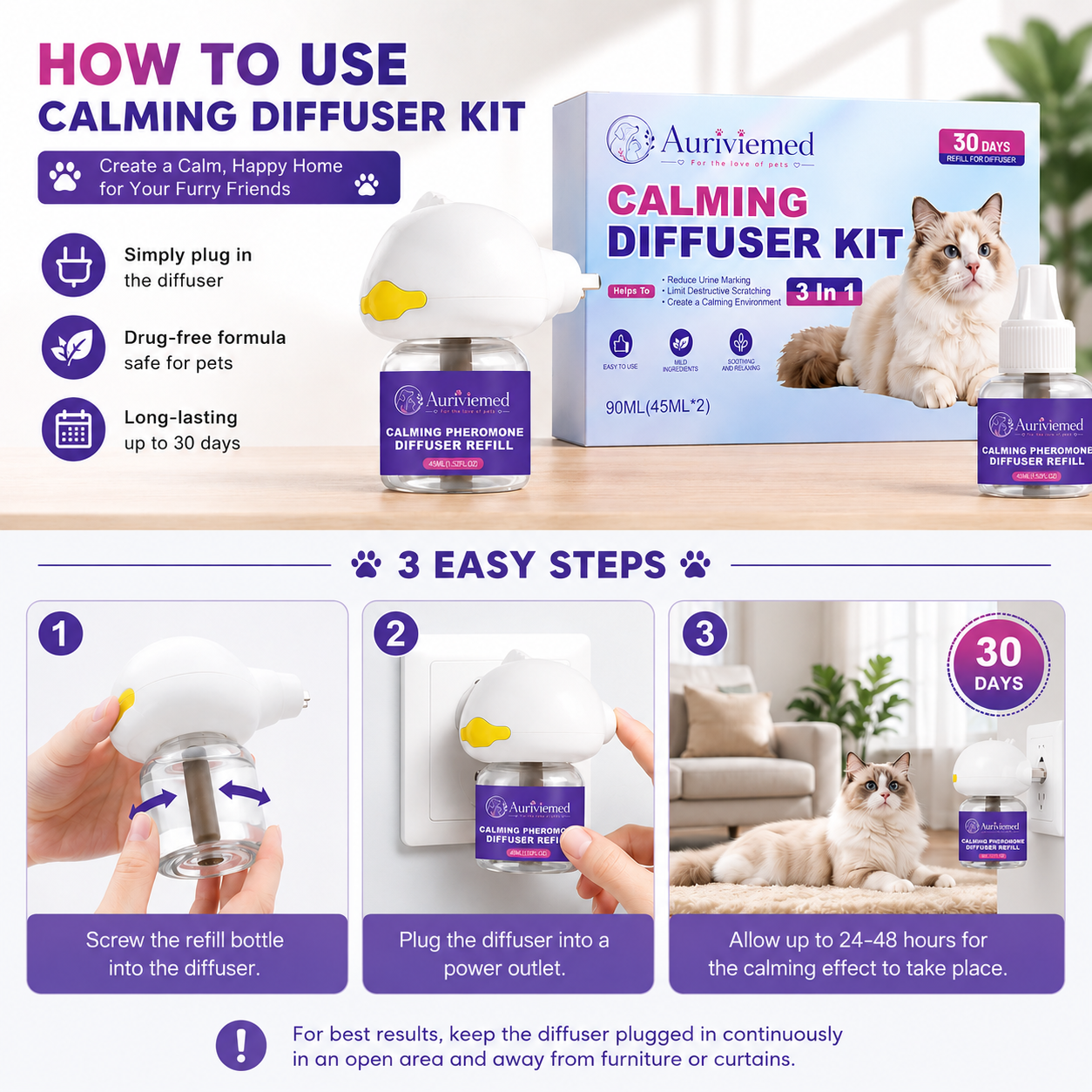 Auriviemed™ - Help your cat calm down and feel safe and comfortable. Premium cat aromatherapy diffuser.
